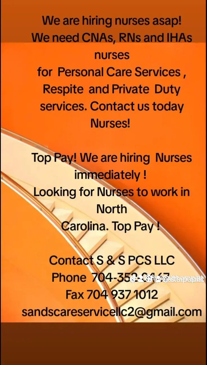 SandSPCSLLC's tweet image. We need CNAs, RNs and IHAs nurses for Personal Care , Respite, and Private Duty services. Looking for nurses to work in NC. 
Contact S &amp;amp; S PCS LLC
Phone 704 352 0457
Administrator Dexter Allen  689-258-2213