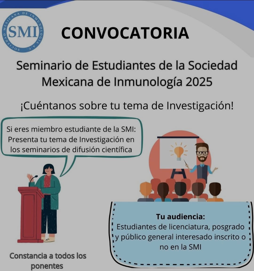 Si eres estudiante vigente de la #SMI, esto te interesa!

Conoce la convocatoria aquí: sociedadmexicanadeinmunologia.org/convocatoria-s…
