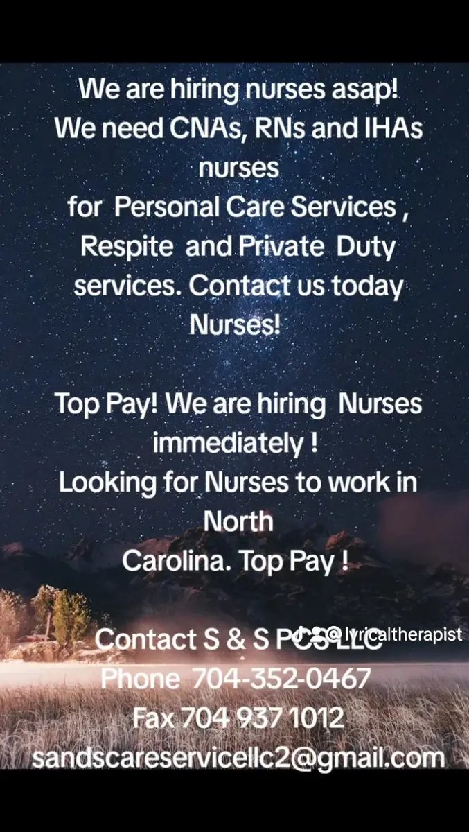 SandSPCSLLC's tweet image. We need CNAs, RNs and IHAs nurses for Personal Care , Respite, and Private Duty services. Looking for nurses to work in NC. 
Contact S &amp;amp; S PCS LLC
Phone 704 352 0457
Administrator Dexter Allen  689-258-2213