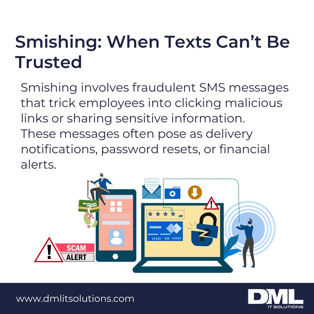 DMLITSolutions's tweet image. Phishing, smishing, and vishing attacks are constantly evolving, putting your business at risk. Protect your team and secure your data with a proactive approach. Invest in employee training, strengthen your security measures, and stay informed about the latest threats.