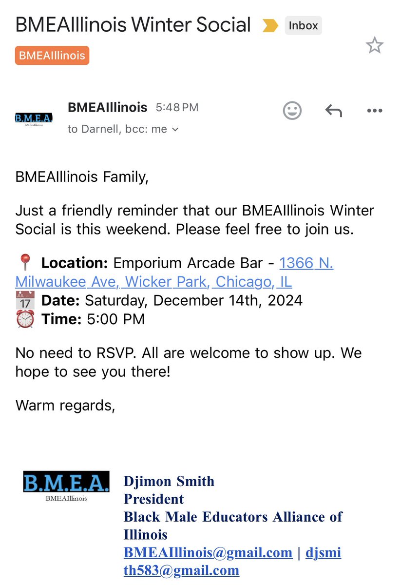 BMEAILLINOIS Winter Social is this Saturday December 14th at 5pm!
Location: Emporium Arcade Bar
We look forward to seeing those that attend! ✊🏾