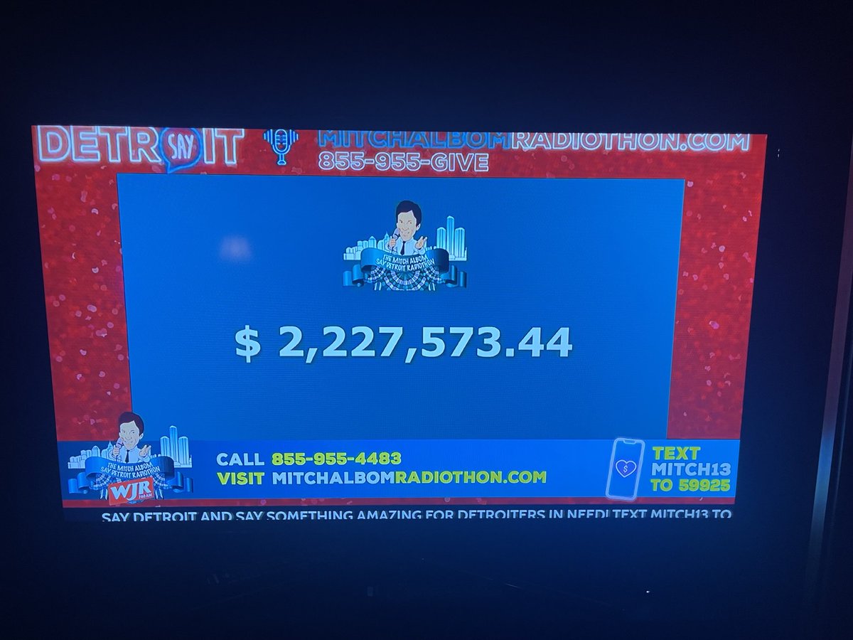 WJR 760am (@wjrradio) on Twitter photo Congratulations to <a href="/MitchAlbom/">𝐌𝐢𝐭𝐜𝐡 𝐀𝐥𝐛𝐨𝐦</a> & his <a href="/saydetroit/">SAY Detroit</a> team for raising more than 2.2 million $ during today’s 15 hour Radiothon! Congratulations to <a href="/MitchAlbom/">𝐌𝐢𝐭𝐜𝐡 𝐀𝐥𝐛𝐨𝐦</a> & his <a href="/saydetroit/">SAY Detroit</a> team for raising more than 2.2 million $ during today’s 15 hour Radiothon!