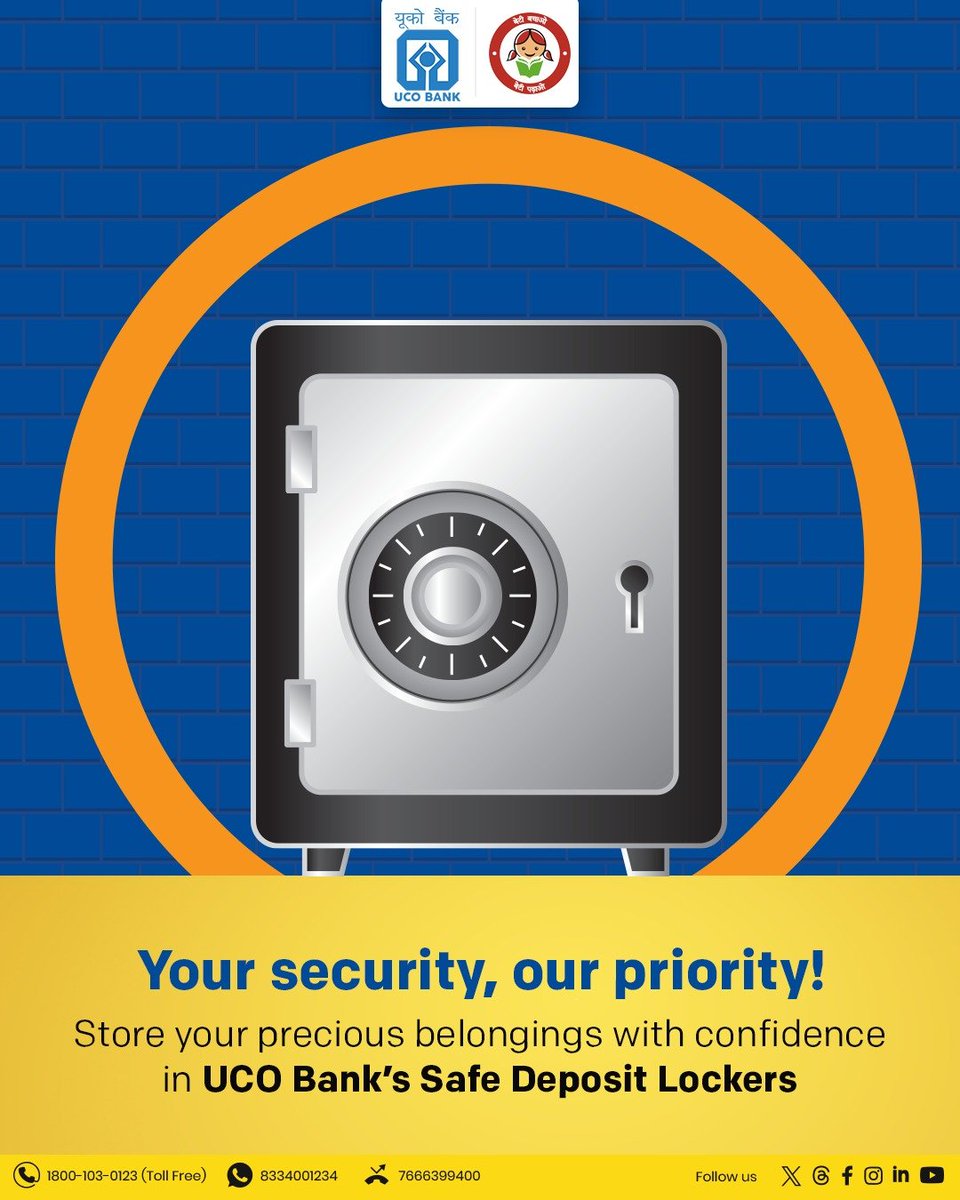 UCOBankOfficial's tweet photo. Store with confidence!
UCO Bank’s Safe Deposit Lockers ensure the safety of your most precious belongings. #SafeBanking #SecureLife #Banking #UCOBank #Lockers https://t.co/IEllfB7Z9s