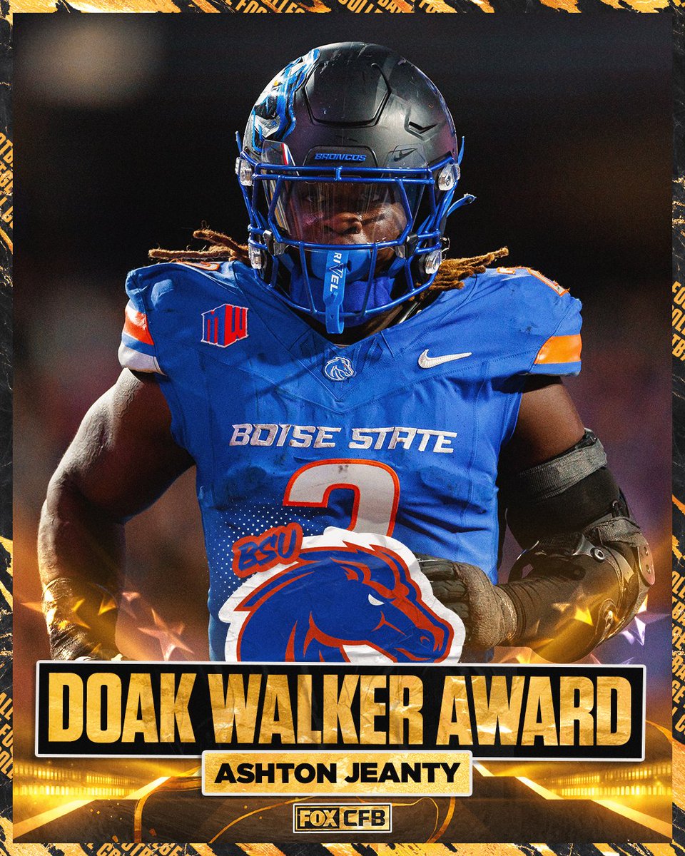FOX College Football (@cfbonfox) on Twitter photo No surprise here! ๐ฅ
Ashton Jeanty is the winner of the Doak Walker Award ๐ No surprise here! ๐ฅ
Ashton Jeanty is the winner of the Doak Walker Award ๐