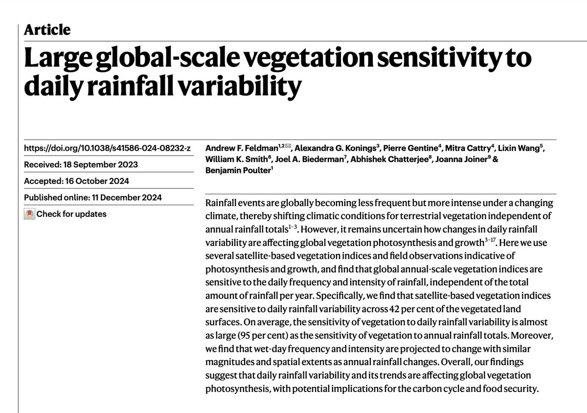 Lixin Wang (him, he) (@ecohydro_wang) on Twitter photo Excited to share our new #Nature article published yesterday. It showed that rainfall variability is almost as important as total annual rainfall amount in determining global vegetation dynamics.
Led by <a href="/a_feldman24/">Andrew Feldman</a>, with Konings, <a href="/PierreGentine/">Pierre Gentine</a>, <a href="/Wkolby/">WK Smith 🌎</a>, Poulter, and 4 others Excited to share our new #Nature article published yesterday. It showed that rainfall variability is almost as important as total annual rainfall amount in determining global vegetation dynamics.
Led by <a href="/a_feldman24/">Andrew Feldman</a>, with Konings, <a href="/PierreGentine/">Pierre Gentine</a>, <a href="/Wkolby/">WK Smith 🌎</a>, Poulter, and 4 others