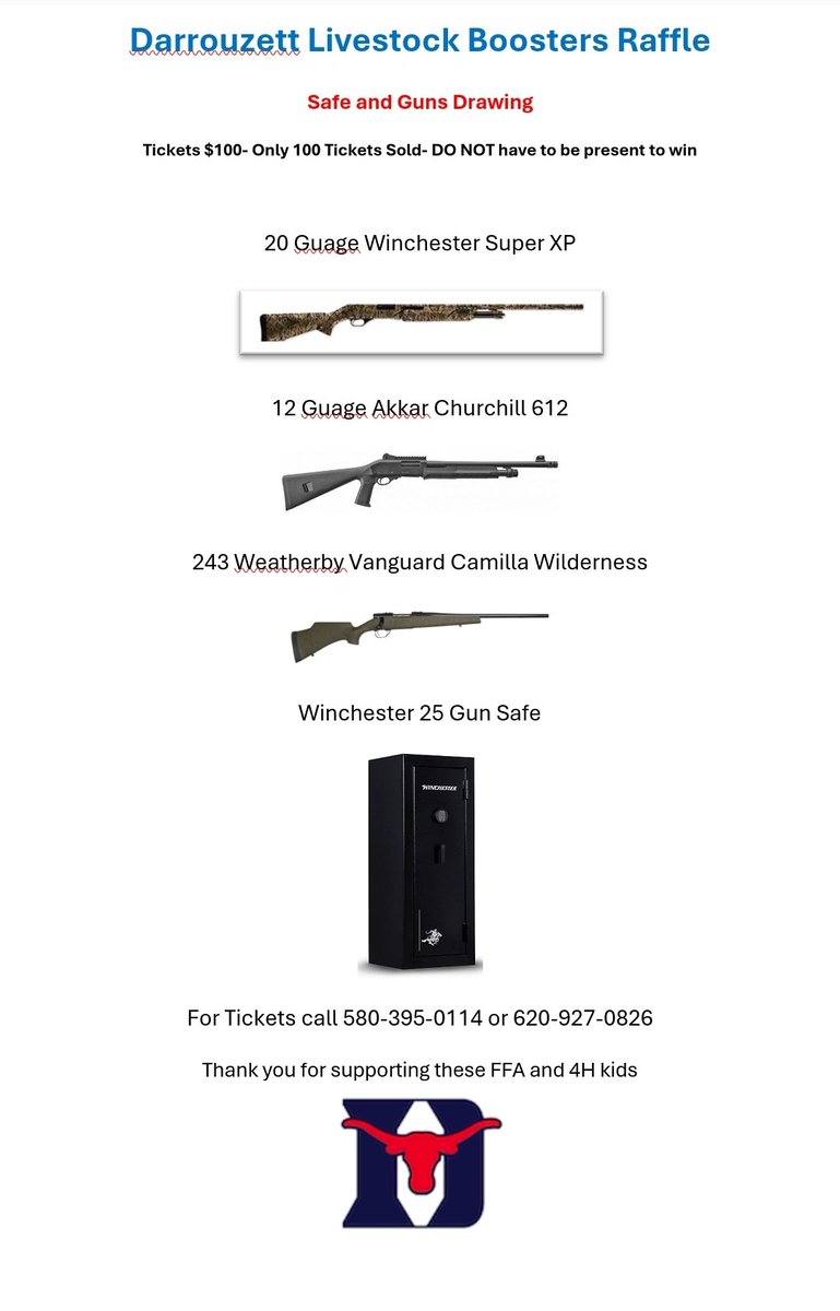 We are holding a drawing to raise money for our local FFA kids. We are only selling 100 tickets for this drawing.  I will make sure you get your prize if you live in the lower 48. Please share,  Facebook put me in the halfway house for this.