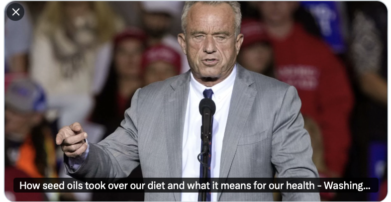 Just out: my op-ed on seed oils. 
"Seed oil is chemically unstable. Its fatty acids degrade into oxidation products such as free radicals and degraded triglycerides. In one analysis, 130 volatile compounds were isolated from a piece of fried chicken, and these oxidation products