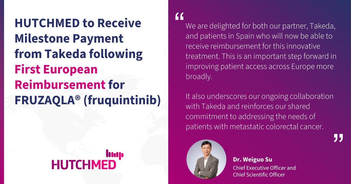 HUTCHMED will receive a US$10 million milestone payment from its partner Takeda following the national reimbursement recommendation for FRUZAQLA® (fruquintinib) in Spain in December 2024. This is the first national reimbursement recommendation in Europe. hutch-med.com/first-european…