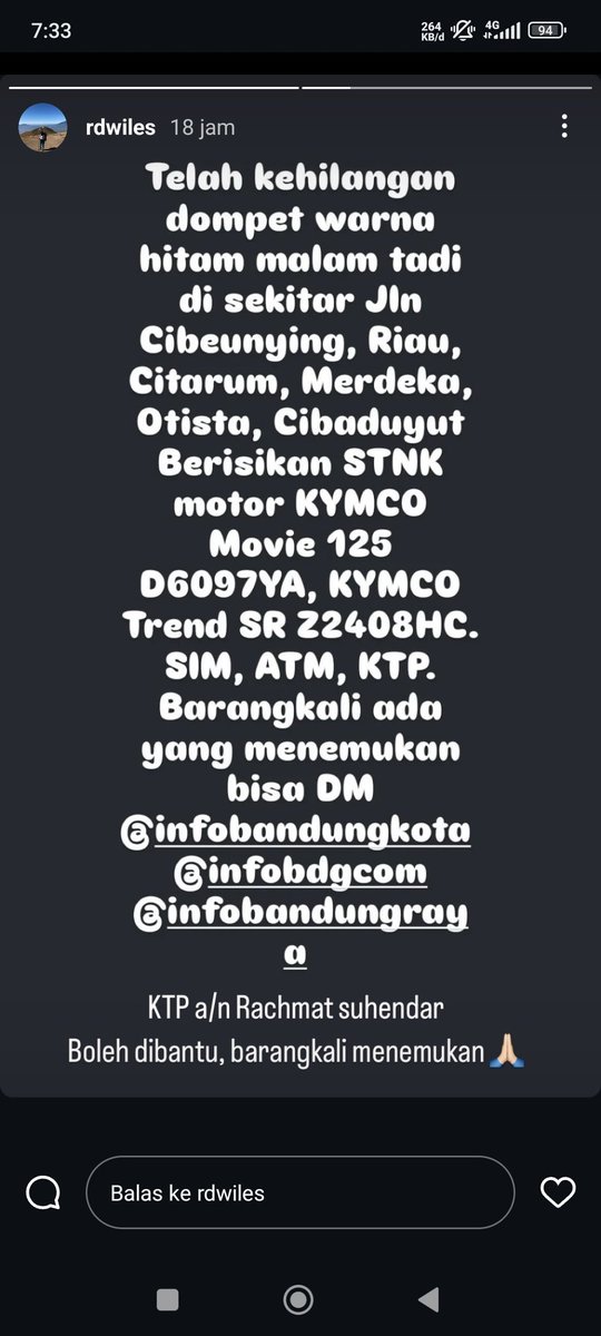 Sampurasun min, punten bade ngawagel waktosna
Bade nyuhunkeun bantosan ngabewarakeun inpo kehilangan min 🙏
<a href="/infobdg/">BANDUNG ᮘᮔ᮪ᮓᮥᮀ</a> <a href="/infobandung/">infobandung</a> <a href="/PRFMnews/">Radio PRFM</a> <a href="/Infobandungkota/">INFOBANDUNGKOTA</a>