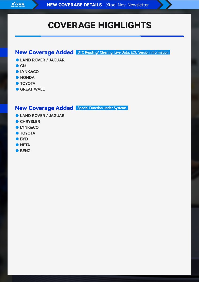 XtoolTech2010's tweet image. XTOOL November Updates Are Here! 🚗
Stay ahead with the latest from XTOOL! Our November highlights include:
✔️ New coverage for brands like Land Rover, Toyota, Honda, and more.
...
Click for the full version👇: 
xtooltech.com/english/NewsVi…

#diagnosis #AutomotiveInnovation #xtooltech