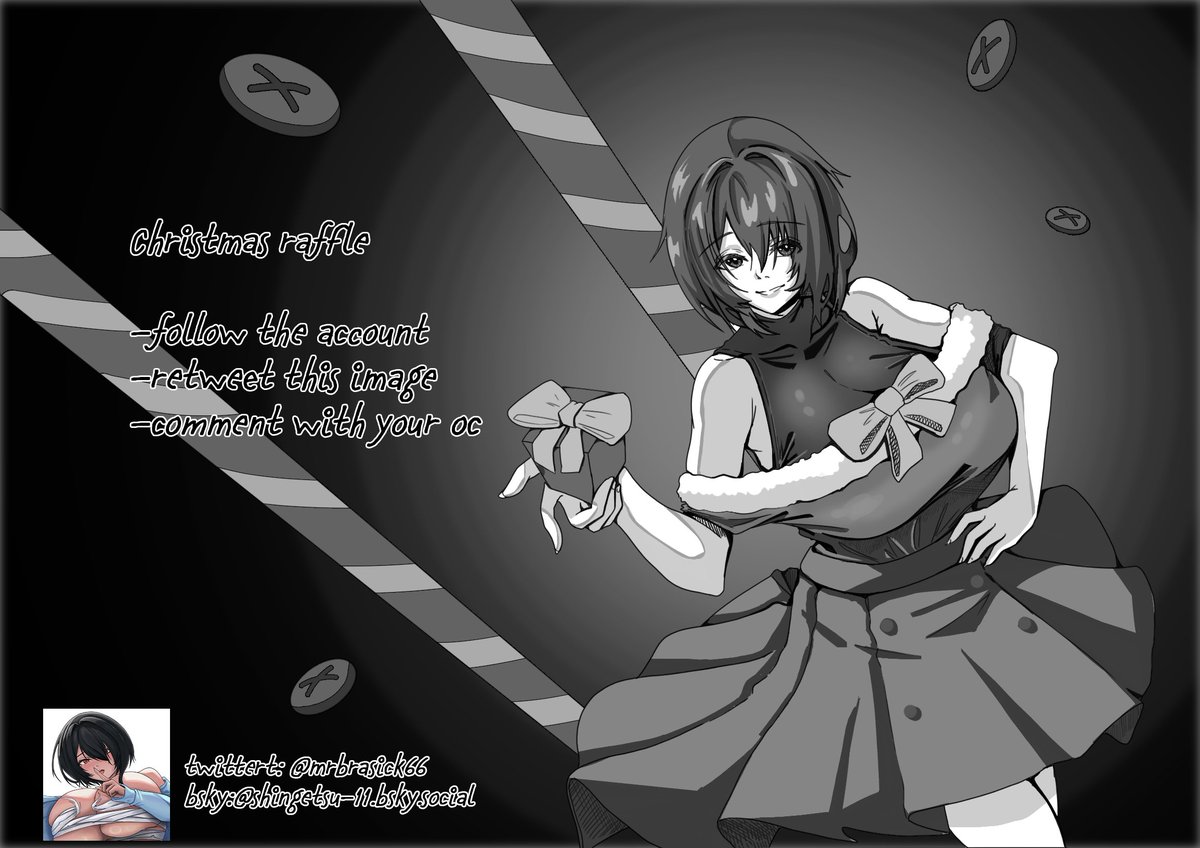 Christmas raffle:
the winner will get a black and white drawing like the picture
-follow, like and retweet (repost)
-comment with your original character (oc)
ends on December 17th, good luck