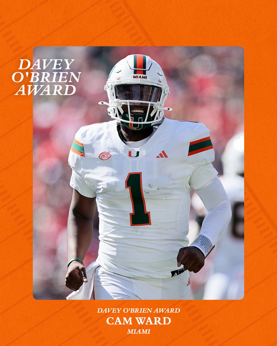 THE BEST QB HAILS FROM THE U ‼️ 🔥 

Cam Ward wins the 2024 Davey O’Brien National Quarterback Award 💪