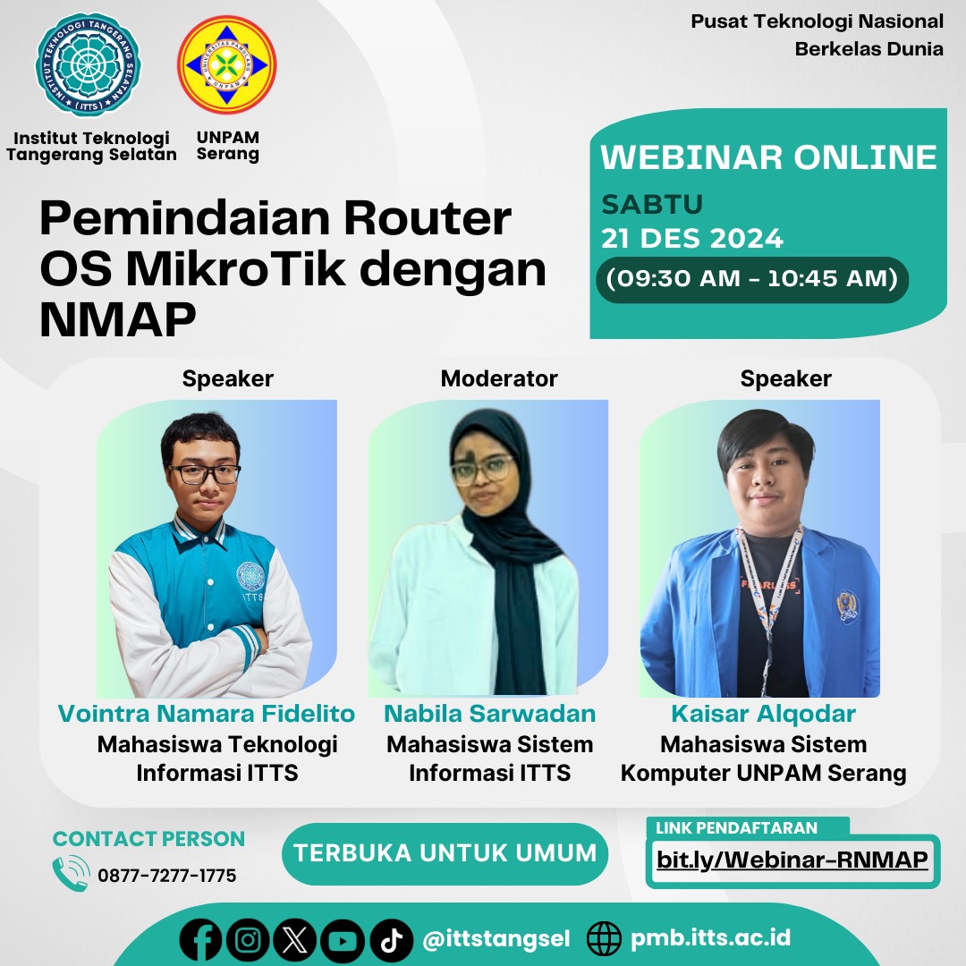 Yuk, ikuti webinar ini untuk mempelajari cara menggunakan NMAP dalam memindai router OS MikroTik serta meningkatkan pemahamanmu tentang keamanan jaringan! <a href="/onnowpurbo/">Onno W. Purbo</a> 

📅 Tanggal: Sabtu, 21 Desember 2024
🕘 Waktu: 09:30 - 10:45 WIB
📍 Lokasi: Live via Zoom
