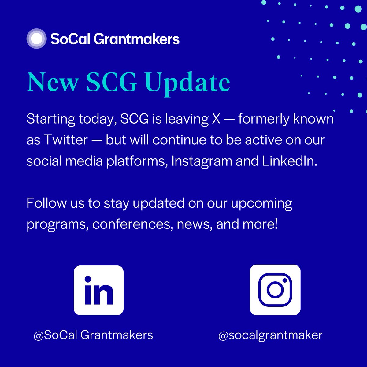 📣 New SCG Update

Starting today, SCG is leaving X — formerly known as Twitter — but will continue to be active on our social media platforms, Instagram and LinkedIn. 

Follow us to stay updated on our upcoming programs, conferences, news, and more!