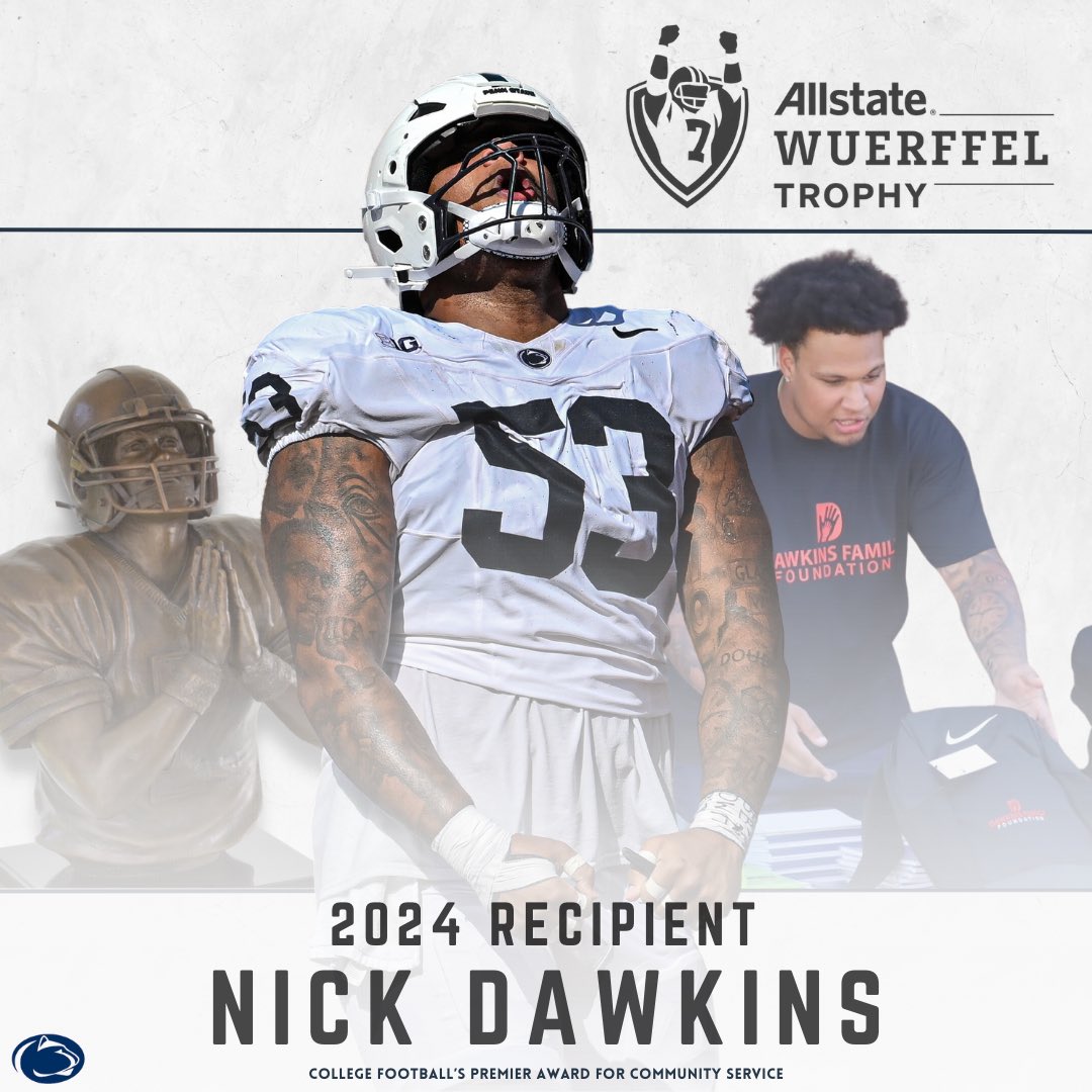 Allstate Wuerffel Trophy (@wuerffeltrophy) on Twitter photo Join us in congratulating <a href="/TheNickDawkins/">Nick Dawkins</a> from <a href="/pennstatefball/">Penn State Football</a> for being named this year’s recipient of the <a href="/Allstate/">Allstate</a> Wuerffel Trophy, College Football’s Premier Award for Community Service. Nick will also serve as the captain of the Allstate <a href="/WeAreAFCA/">AFCA</a> #GoodWorksTeam Join us in congratulating <a href="/TheNickDawkins/">Nick Dawkins</a> from <a href="/pennstatefball/">Penn State Football</a> for being named this year’s recipient of the <a href="/Allstate/">Allstate</a> Wuerffel Trophy, College Football’s Premier Award for Community Service. Nick will also serve as the captain of the Allstate <a href="/WeAreAFCA/">AFCA</a> #GoodWorksTeam
