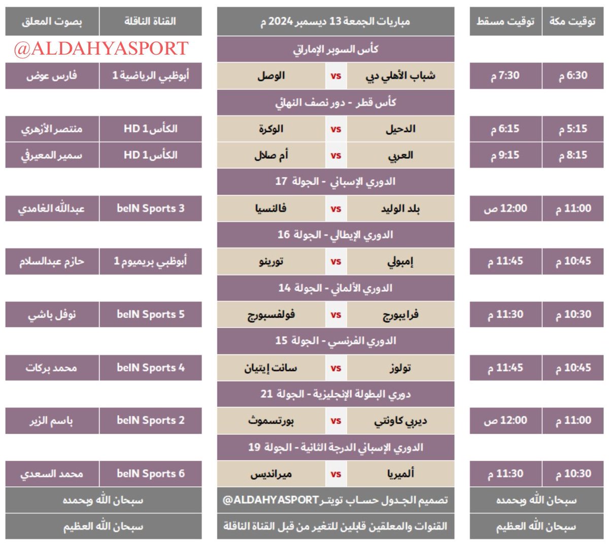 الداهية سبورت (@aldahyasport) on Twitter photo 💠جدول مباريات الجمعة 13 ديسمبر 2024 م:
🔹بتوقيت مسقط🇴🇲
🔸بتوقيت مكة المكرمة 🇸🇦
#مباريات_الجمعة
<a href="/khamis7777/">خميس البلوشي</a> 💠جدول مباريات الجمعة 13 ديسمبر 2024 م:
🔹بتوقيت مسقط🇴🇲
🔸بتوقيت مكة المكرمة 🇸🇦
#مباريات_الجمعة
<a href="/khamis7777/">خميس البلوشي</a>