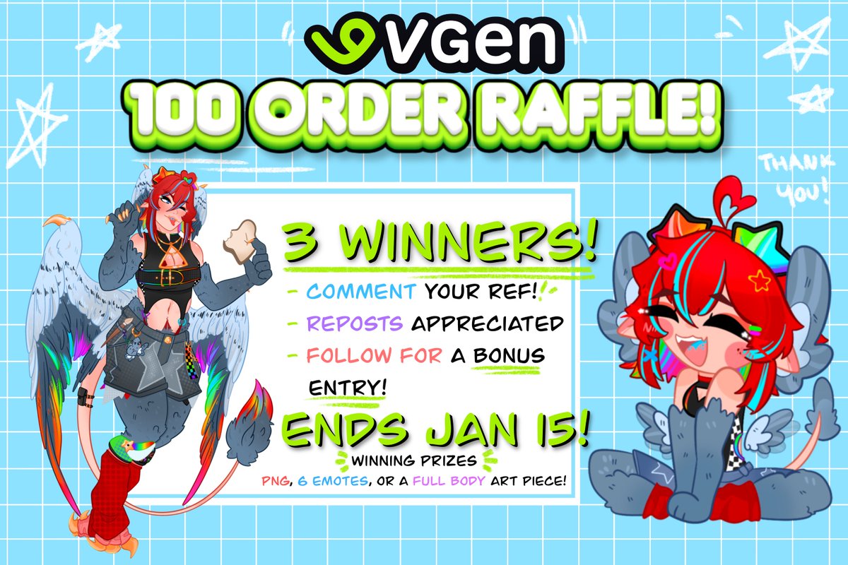 ₊˚✩ 100 ORDER RAFFLE .ᐟ.ᐟ.ᐟ 🎉
Y'all never cease to amaze me when it comes to your support, so as a huge thank you, here's a raffle with not one, not two, but THREE WINNERS! 💙
I can't wait to see everyone's unique designs below, and welcome to the pigeon coop if you follow!