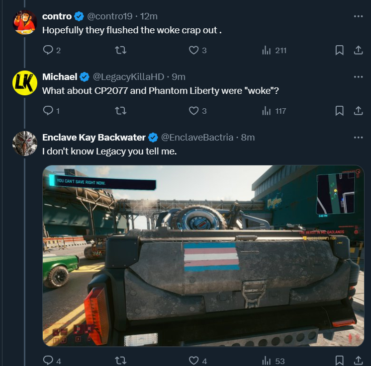 LegacyKillaHD's tweet photo. oh okay "Cyberpunk 2077 is woke"... https://t.co/vqB0Q3J7C0