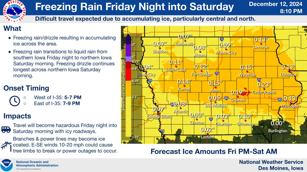 ⚠️Freezing rain is expected Fri night into Sat morning leading to hazardous travel conditions. Some tree &amp; power line damage is possible as well with E-SE winds 10-20 mph.  Worst conditions w/0.1-0.2" ice accums between I-80 &amp; Highway 3. #iawx