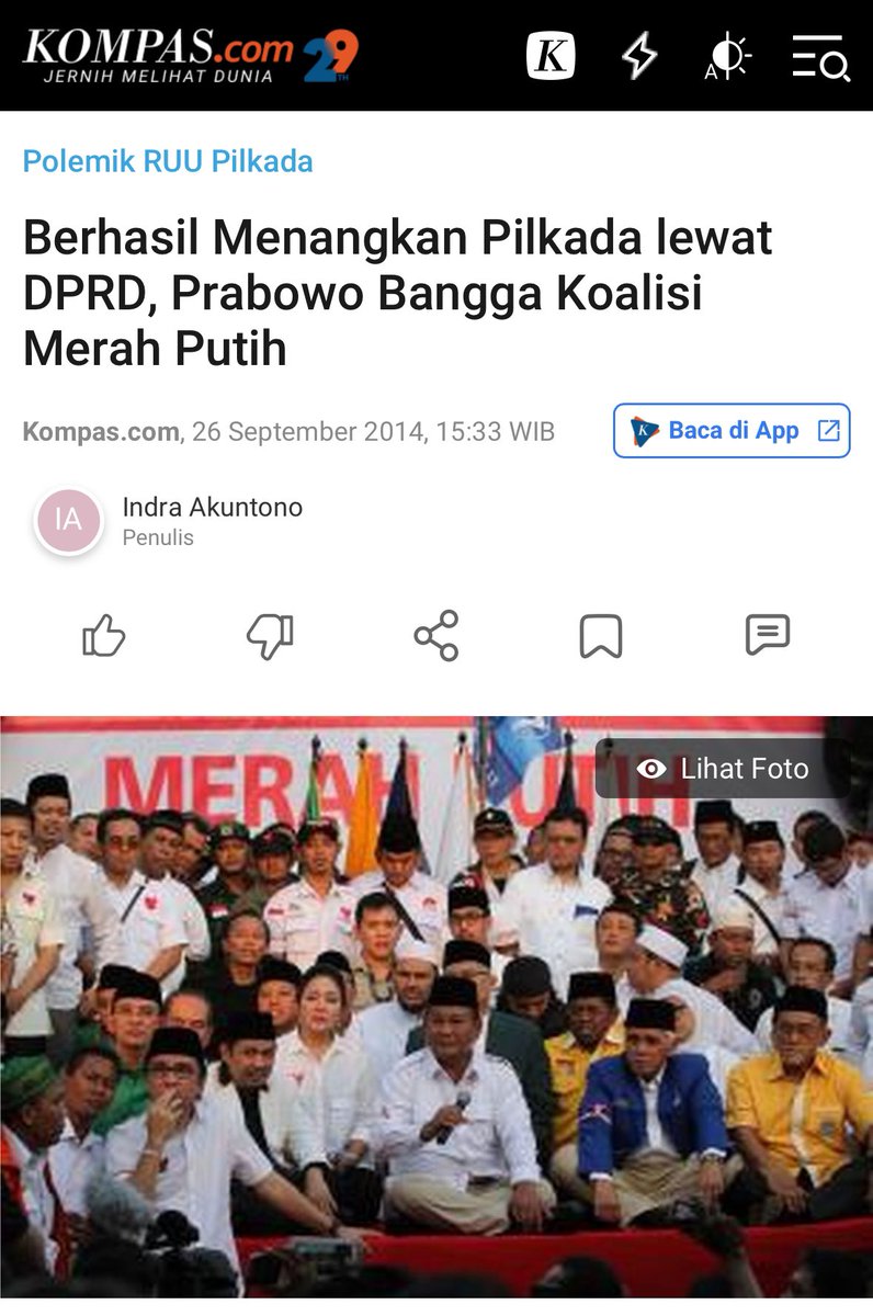 Pilkada lewat DPRD bukan wacana baru dari Presiden Prabowo. 

Di th 2014, meski tdk menang Pilpres, koalisinya yg menguasai mayoritas di Parlemen berhasil mengubah UU Pilkada sehingga Kepala Daerah dipilih melalui DPRD. 

Gejolak masy sipil mendorong Presiden SBY bikin Perppu