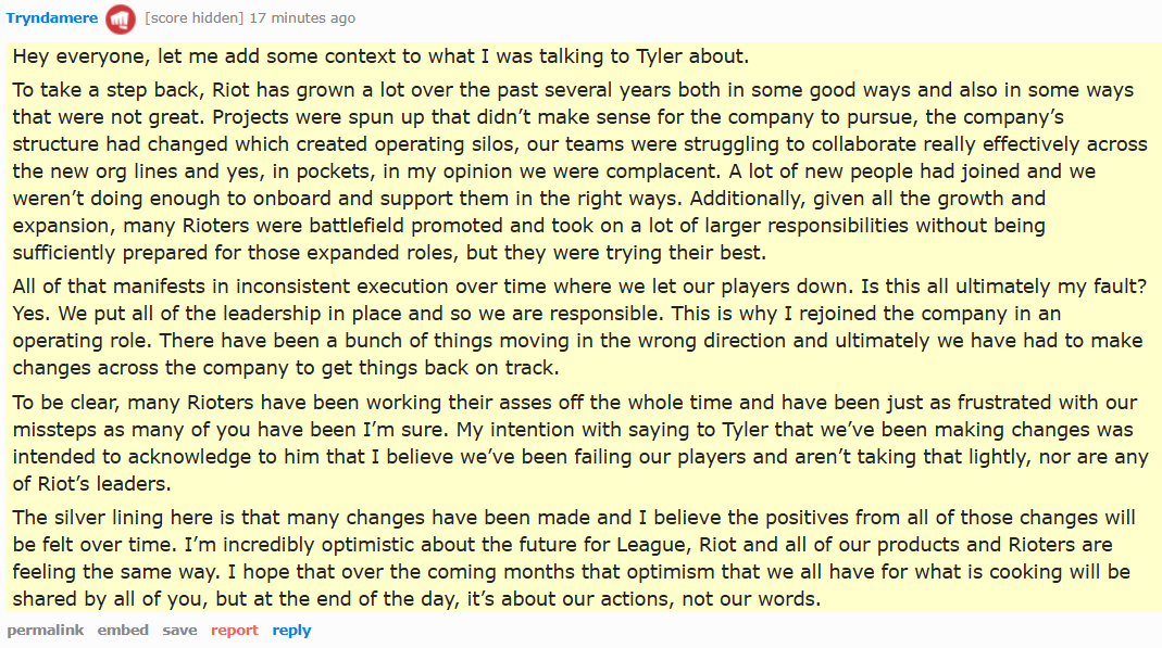 Riot Tryndamere on changes to leadership at Riot this year