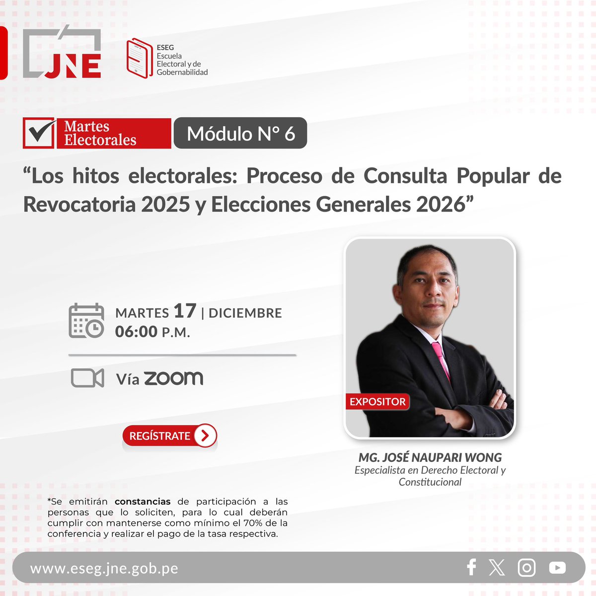 ¡No te pierdas el Módulo N.º 6 de los Martes Electorales! .En esta sesión, se desarrollará el tema "Los hitos electorales: Proceso de Consulta Popular de Revocatoria 2025 y Elecciones Generales 2026"
📝Inscripciones aquí: tinyurl.com/2f4hnpas