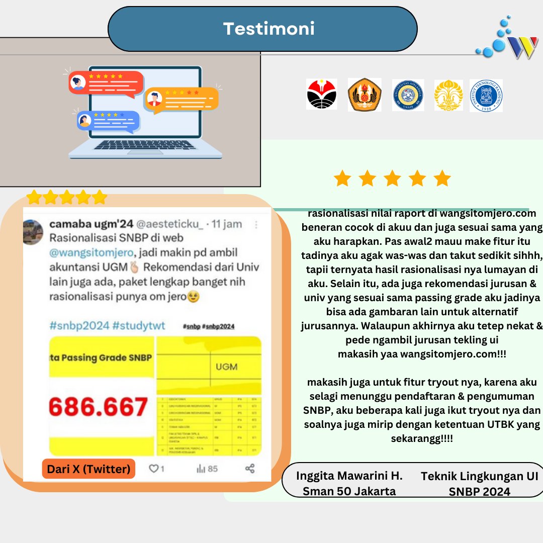 Hai Wangsit Lovers, mau tau peluang kamu Lulus SNBP 2025?

Bisa banget, di Wangsitomjero.com, Klik Fitur Rasionalisasi Nilai Rapot (SNBP). Ikuti petunjuk didalamnya, lalu isi nilai kalian.

Jangan lupa kasih tahu semua teman-temannya karena
Semuanya gratis!!