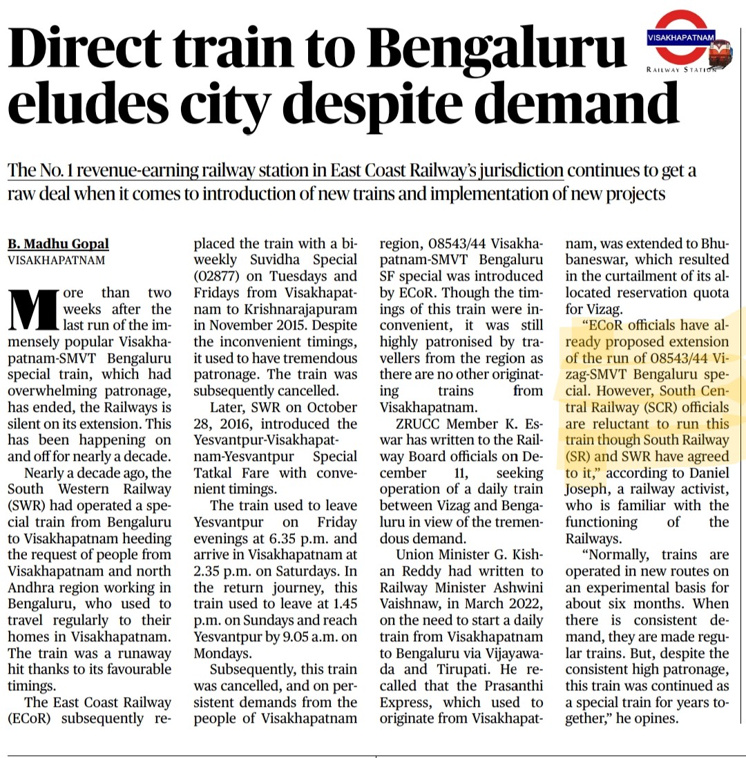 <a href="/VisakhapatnamJn/">Visakhapatnam JN (విశాఖపట్నం జం) (विशाखापट्टनम जं)</a> <a href="/_Waltair2911/">Random Guy</a> <a href="/Eswararao2517/">❤Indian Rail Lover❤🚂🚋🚃🚋🚃🚋🚃❤</a> <a href="/Chikudasji/">Chiku Das, Social Worker (Sabka Das- Chiku Das)</a> <a href="/shark_mendy/">VIZAG For ALL</a> <a href="/GopiKishorRaja2/">GopiKishorRaja</a> <a href="/VSKPJn/">Visakhapatnam Rail Users</a> <a href="/rail_fan_vskp/">Karun Induri-A Rf From VSKP🙏</a> <a href="/drmvijayawada/">DRM Vijayawada</a> <a href="/vizaginsight/">Vizag Insight</a> <a href="/Karthikjillella/">🅹🅺 ☯</a> <a href="/13Irvamsi/">RAGHUVAMSI_2002 🚄</a> @raildhaba <a href="/EastCoastRail/">East Coast Railway</a> <a href="/ravitejak07/">Raviteja</a> <a href="/GMSERAILWAY/">GM/SER</a> <a href="/SCRailwayIndia/">South Central Railway</a> <a href="/RailMinIndia/">Ministry of Railways</a> <a href="/AshwiniVaishnaw/">Ashwini Vaishnaw</a> <a href="/VizagPanda/">VizagPanda</a> <a href="/eswarkanchu/">Eswar Kanchumurthi</a> <a href="/katam_ss/">Katam SS Chandra Rao</a> <a href="/UttamChakram/">సర్వే సంతు నిరామయాః</a> <a href="/CapitalofAndhra/">Vizag - True Capital of Andhra Pradesh</a> <a href="/VizagBrand/">#BrandVizag</a> <a href="/jinxed_jiggler/">Srinath Tudu</a> <a href="/saptagiriulaka/">Saptagiri Ulaka</a> <a href="/Odisha_Stories/">Odisha Stories</a> <a href="/odisha_tourism/">Odisha Tourism</a> <a href="/SWRRLY/">South Western Railway</a> <a href="/BJP4Andhra/">BJP ANDHRA PRADESH</a> <a href="/RailwaySeva/">RailwaySeva</a> <a href="/narendramodi/">Narendra Modi</a> <a href="/GVLNRAO/">GVL Narasimha Rao</a> <a href="/BJP4India/">BJP</a> <a href="/kishanreddybjp/">G Kishan Reddy</a> <a href="/drmsecunderabad/">DRM Secunderabad</a> <a href="/drmhyb/">DRM HYB</a> <a href="/PMOIndia/">PMO India</a> <a href="/DRMKhurdaRoad/">DRM KhurdaRoad</a> <a href="/DRMSambalpur/">DRMSambalpur</a> <a href="/DarshanaJardosh/">Darshana Jardosh</a> <a href="/DRMWaltairECoR/">DRMWALTAIR</a> <a href="/drmgtl/">DRM Guntakal</a> <a href="/BHK08/">Karthik</a> <a href="/sidelowerberth/">Daniel</a> <a href="/drmgnt/">DRM Guntur</a> Despite many requests from the public to restore the only running Special train, <a href="/SCRailwayIndia/">South Central Railway</a> has successfully scrapped the most popular train between Visakhapatnam - Bangalore.