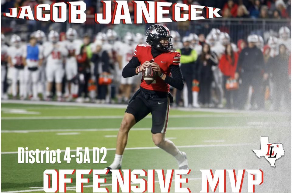jj_janecek's tweet photo. #AGTG Honored to be voted Offensive MVP-Texas District 4-5A D2!  Thank you to my coaches, teammates, and LOJO Nation for an amazing season!  #Family

Senior Season loading⏳

@CoachBMurdock @coachmwilliams1 @ToddDodgeFBcamp @leopardfootball @JLottScout @QBC_DFW @Coach_Stanfield @PrepRedzoneTX @GPowersScout @Marchen44
