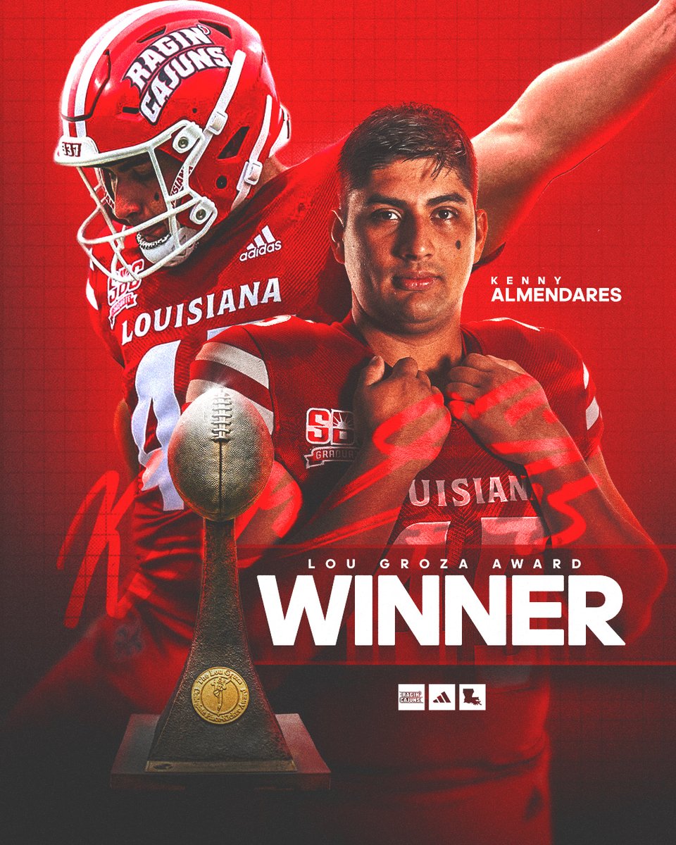 Louisiana Ragin’ Cajuns® Football (@ragincajunsfb) on Twitter photo The top placekicker in the country is a 𝗥𝗔𝗚𝗜𝗡' 𝗖𝗔𝗝𝗨𝗡
<a href="/kennythekicker/">Kenneth Almendares</a> is your 2024 Lou Groza Award Winner!
#cULture | #GeauxCajuns The top placekicker in the country is a 𝗥𝗔𝗚𝗜𝗡' 𝗖𝗔𝗝𝗨𝗡
<a href="/kennythekicker/">Kenneth Almendares</a> is your 2024 Lou Groza Award Winner!
#cULture | #GeauxCajuns