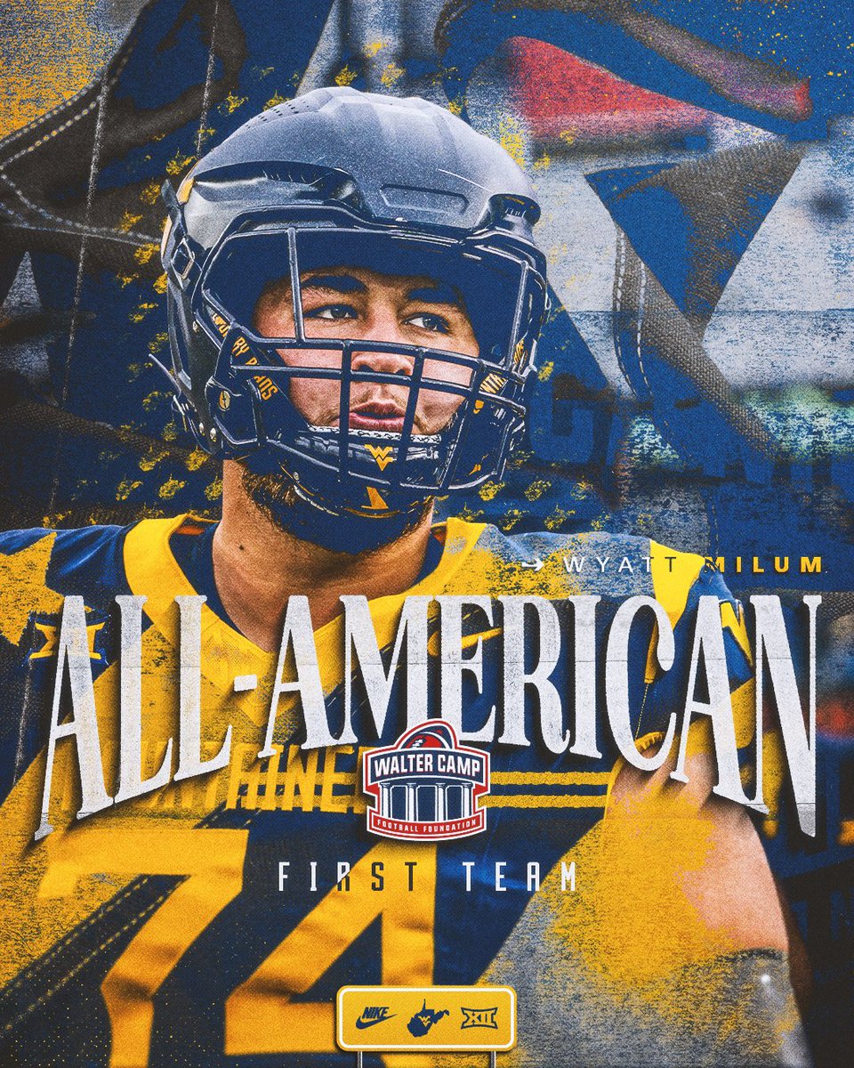 WVUfootball's tweet photo. ⭐️ 𝐖𝐚𝐥𝐭𝐞𝐫 𝐂𝐚𝐦𝐩 𝐀𝐥𝐥-𝐀𝐦𝐞𝐫𝐢𝐜𝐚 𝐅𝐢𝐫𝐬𝐭 𝐓𝐞𝐚𝐦: @MilumWyatt 

🔗 https://t.co/mykxC11ZH1

#HailWV https://t.co/vdJbbDAXtt