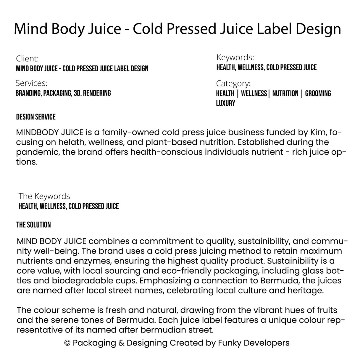 funkydevelopers's tweet image. 🍹🎨 Funky Developers pressed creativity into every detail of Mind Body Juice’s label design—fresh, vibrant, and full of life! 🌿✨ #FunkyDevelopers #MindBodyJuice #ColdPressedPerfection #CreativeLabelDesign #FreshAndVibrant #DesignWithPurpose #JuiceWithStyle #HealthyAndBold