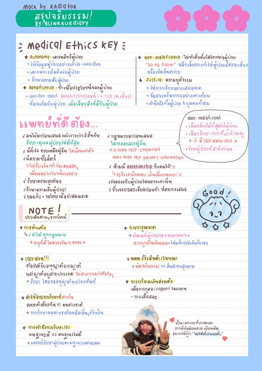 blinkkuediary's tweet image. สรุปจริยธรรมหนึ่งหน้า ! ◜◡◝ ♥︎
Medical Ethics from mock test RAdiator
⭐️คนดีที่เธอใฝ่ฝัน ก็คือฉันที่ได้จริยธรรมเต็มร้อยอะคั้บ⭐️ #kidjeonkaw #dek68