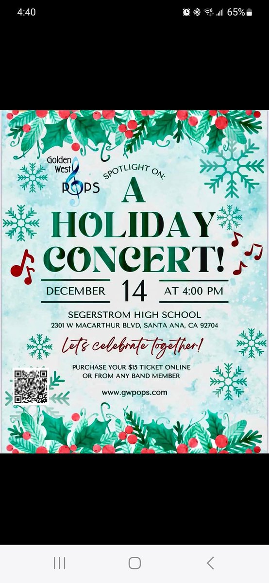GWPops's tweet photo. It's nearly here! Join us Saturday at 4 PM at Segerstrom High for sounds of the season. There's no better way to get into the spirit than your favorite holiday tunes played live. And there may be a few new songs &amp; surprises in store, too! We hope you'll show up to find out! https://t.co/jIpASjkDsT