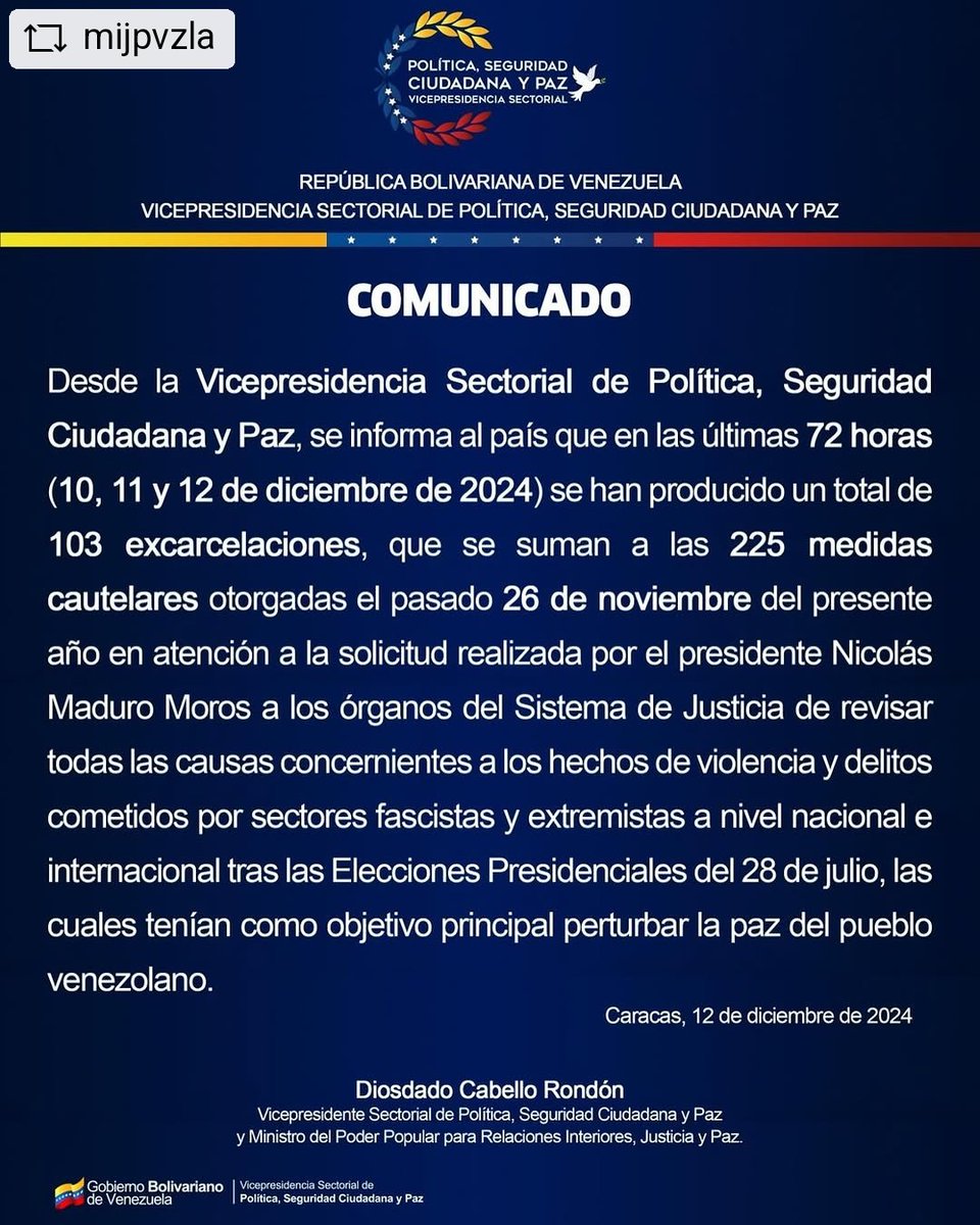 dm_llanitocicpc's tweet image. Desde la @VSSeguridadYPaz, informamos que en las últimas 72 horas se han realizado 103 excarcelaciones que se suman a las 225 medidas cautelares del #26NOV que responden a la solicitud del Pdte. @NicolasMaduro en la revisión de los casos de violencia postelectoral del #28J.