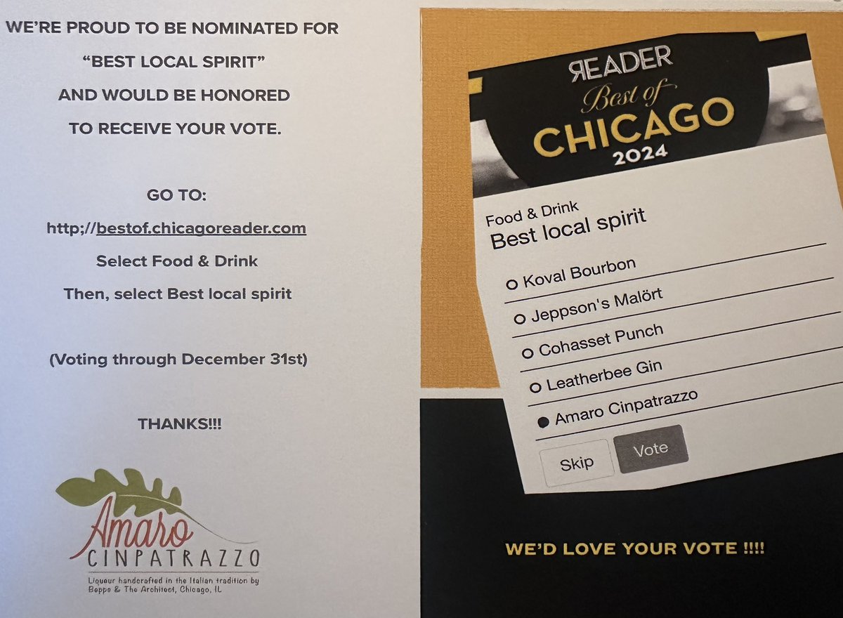 ACPRazzo's tweet image. DON’T Forget to Vote!!! We’d be honored if you did! ❤️ Vote through 12/31.

bestof.chicagoreader.com/food-and-drink…