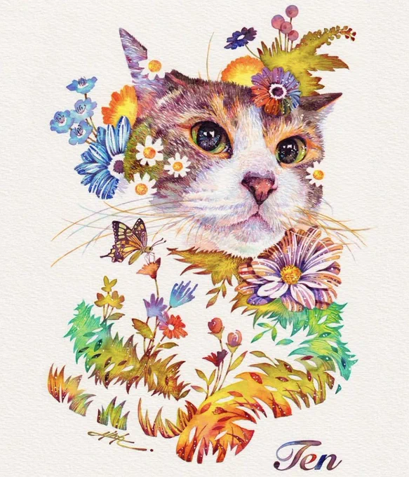ふむふむ#猫 #花 #水彩 