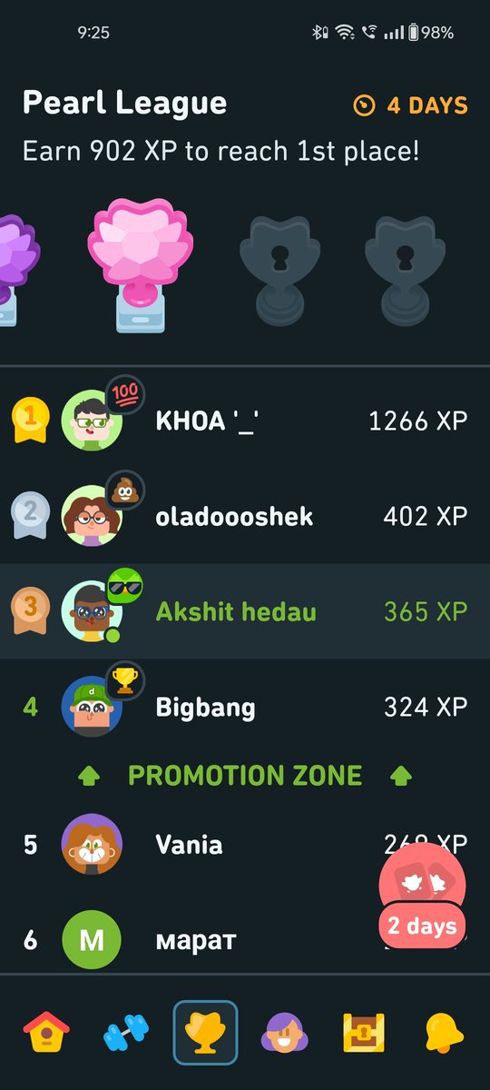 akshit_hedau's tweet image. Hitting the leaderboard 📈 rankings of the pearl league 🏆 this time with 98% word accuracy, thanks to @duolingo team for such an awesome platform to learn and grow.

#GermanLearning
#Duolingo
#LanguageLearning