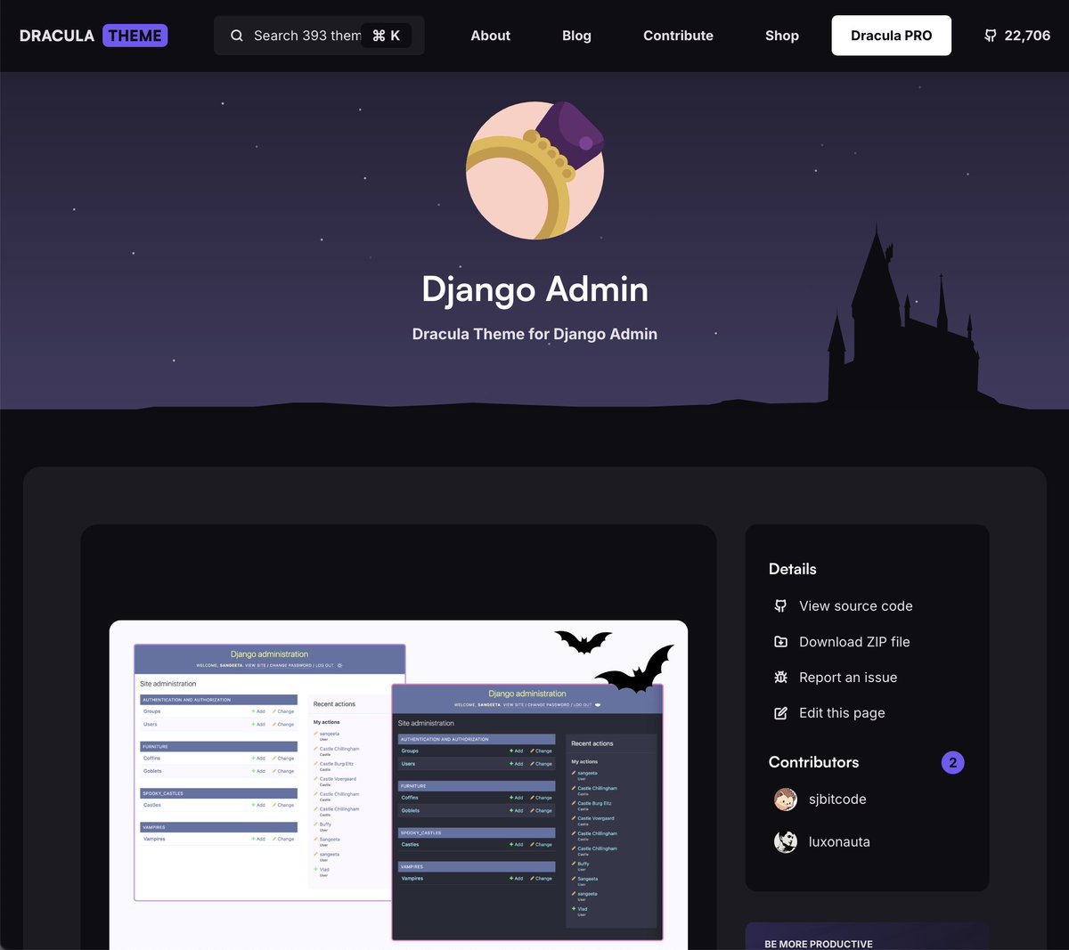sjbitcode's tweet image. Woohoo! My #Django Admin dracula theme is now official on draculatheme.com! 🧛♂️🥳
draculatheme.com/django-admin
Shiny new repo: github.com/dracula/django… ✨
P.S. For those of you who starred my original (now archived) repo, thank you! 🙏 (Feel free to star the new one 😉)