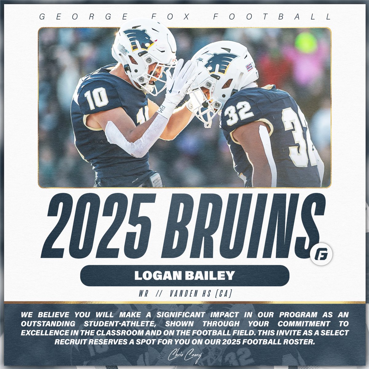 Logan Bailey (@loganjbailey7) on Twitter photo After a great conversation with <a href="/JepsonLucas/">Lucas Jepson</a> Iām extremely grateful to receive an offer from George Fox University!
<a href="/lequan_w/">Coach Woods</a> <a href="/VandenFB/">Vanden Football</a> After a great conversation with <a href="/JepsonLucas/">Lucas Jepson</a> Iām extremely grateful to receive an offer from George Fox University!
<a href="/lequan_w/">Coach Woods</a> <a href="/VandenFB/">Vanden Football</a>