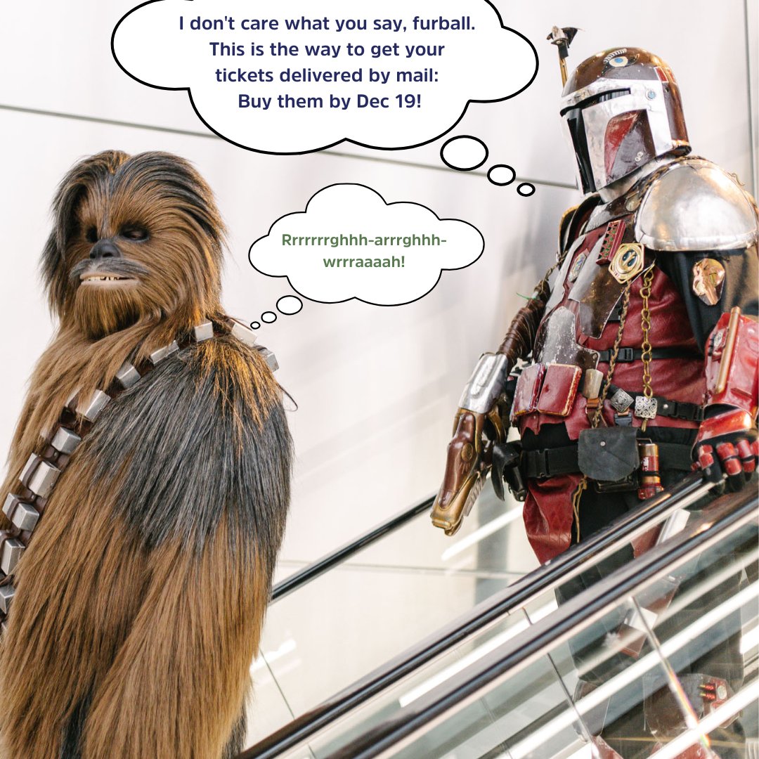 emeraldcitycon's tweet image. 🛰️ If you needed a how-to for getting your tickets delivered by mail - this is the way: Buy them by December 19 at 11:59 PM PT, and you&apos;ll be able to skip the long Will Call line even a wookie would grumble at: eccc25.com/buytickets