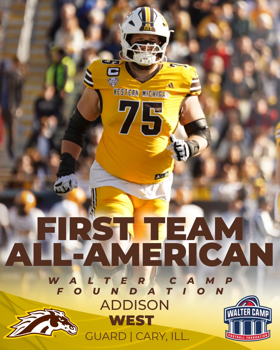 Western Michigan Football (@wmu_football) on Twitter photo The 2024 Broncos continue to make history as <a href="/AddisonWest1/">Addison West</a> becomes the 4th player in WMU history to be named a <a href="/WalterCampFF/">Walter Camp Football</a> All-American, and the 1st in program history to be selected to the First Team!
DETAILS: wmubroncos.com/news/2024/12/1… The 2024 Broncos continue to make history as <a href="/AddisonWest1/">Addison West</a> becomes the 4th player in WMU history to be named a <a href="/WalterCampFF/">Walter Camp Football</a> All-American, and the 1st in program history to be selected to the First Team!
DETAILS: wmubroncos.com/news/2024/12/1…