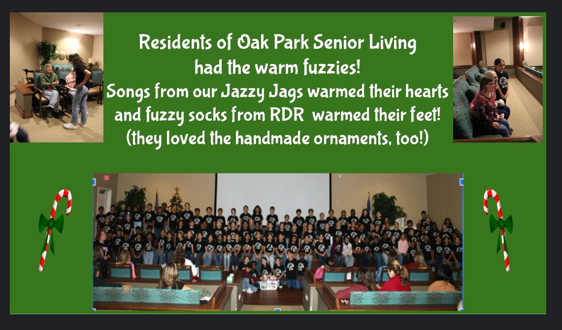 The residents of Oak Park Senior Living 
had the warm fuzzies! Songs from our Jazzy Jags warmed their hearts 🎶 and fuzzy socks from Read Deed Run warmed their feet 🧦 ! They loved the handmade ornaments, too! ♥️💚