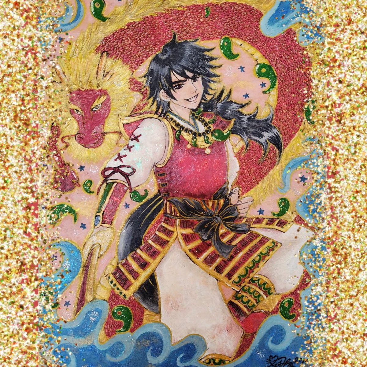 asami8hayama's tweet photo. ラメパワーアート『素戔嗚尊と赤龍』
この絵を見た人皆に、愛と祝福を🎁💕
#パワーアート #赤龍
#スサノオノミコト
#ミクストメディア #開運
#japanesegod https://t.co/guqg1qoV72