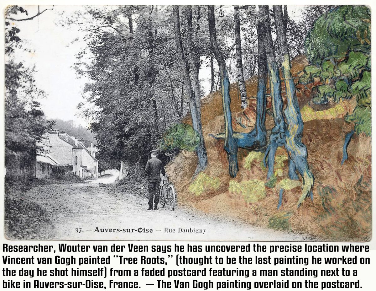 Researcher, Wouter van der Veen says he has uncovered the precise location where Vincent van Gogh painted “Tree Roots,” (thought to be the last painting he worked on the day he shot himself) from a faded postcard featuring a man standing next to a bike in Auvers-sur-Oise, France.