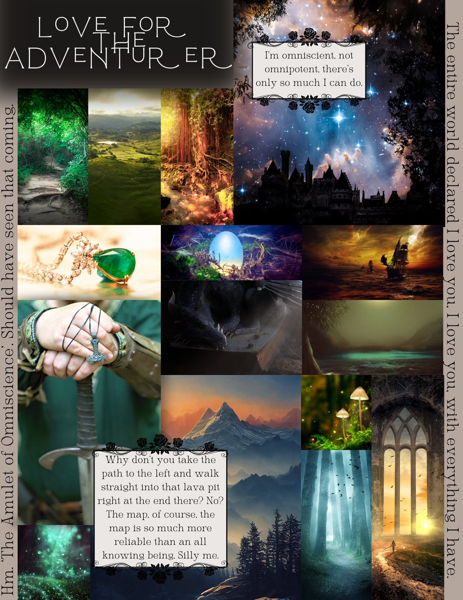 Matrix12001's tweet image. #WIPPIT
One day an adventurer takes a perilous journey and somehow lives long enough to discovery The Cave Of Mysteries. There they find the Amulet of Omniscience. Heedless of potential curses, they put it on, and now they can hear every snide remark, I, the narrator, say. 
#F #A