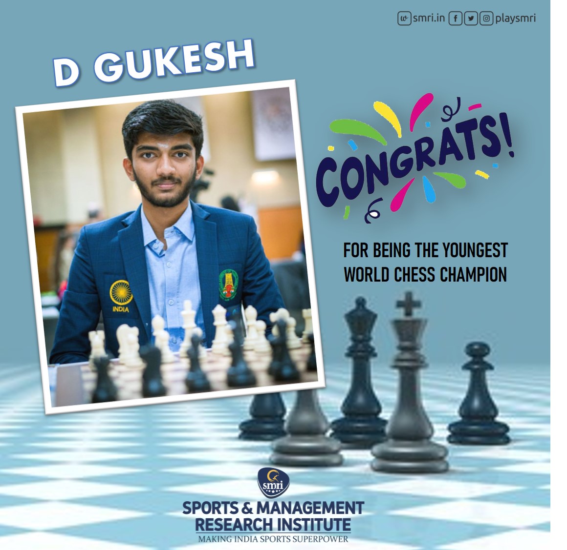 playsmri's tweet photo. If D GUKESH can be the youngest WORLD CHESS CHAMPION at 18, India can be the world champion in other sports. GUNESH, you are an inspiration for us in our efforts to make India a sports superpower. Congrats GUKESH!! @DGukesh https://t.co/oDIgLhUvNW