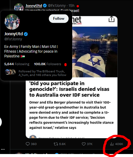 AssistedKarma's tweet photo. @Fx1Jonny This is the second un-followed anti-Zionist post I've seen today, getting *much better visibility than most 'normal' accounts..

I think maybe Elon may be un-#shadowbanning #ghostbanning these accounts now..

of course, I'm still hosed, but I'm glad they're getting word out. https://t.co/B5WSVWrgt7
