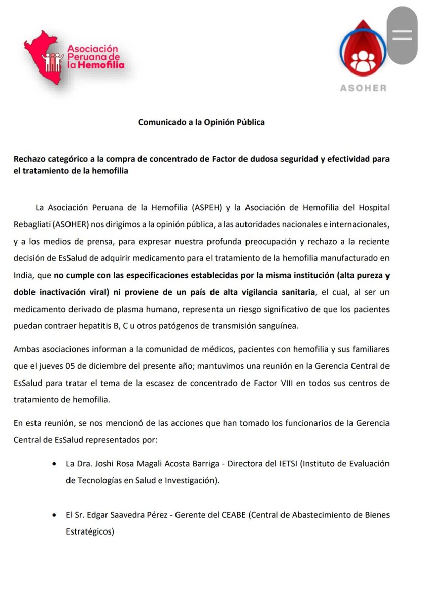 AsoherHemofilia's tweet photo. @EsSaludPeru ha realizado una compra veloz de Factor VIII, medicamento para los pacientes con Hemofilia, el cual no cumple con las especificaciones establecidas por ellos mismos!!!! Y proviene de un país con baja vigilancia sanitaria 1/2 https://t.co/YBemFeAdMH