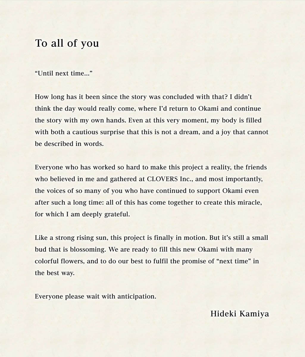 A message from the director of the project, Hideki Kamiya!

Find more info here:
capcom-games.com/o-kami_newproj…
#Okami #Okami_sequel